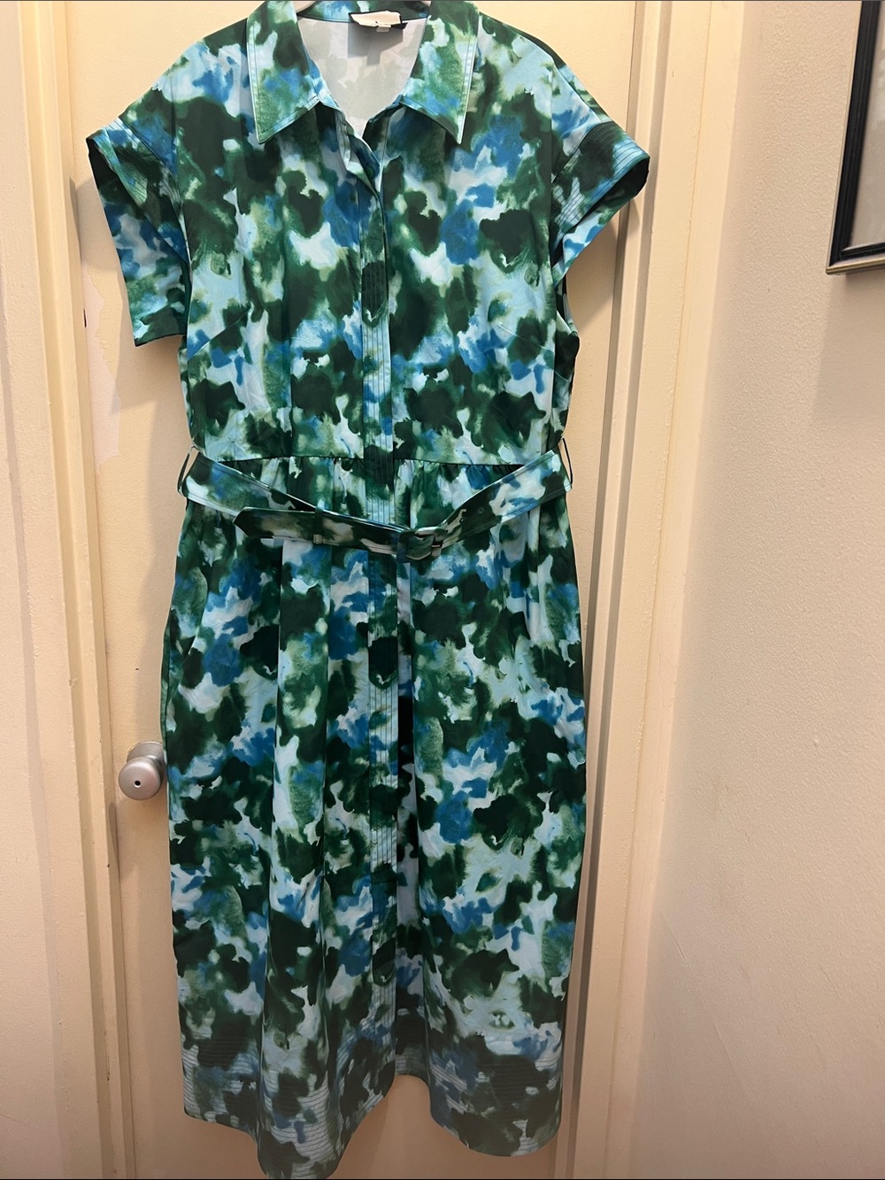 Tuckernuck Chloe Blue & Green Abstract Print Shirt Dress with Belt